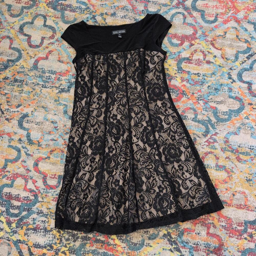 Karin Stevens black lace babydoll dress with cap sleeves size 8
